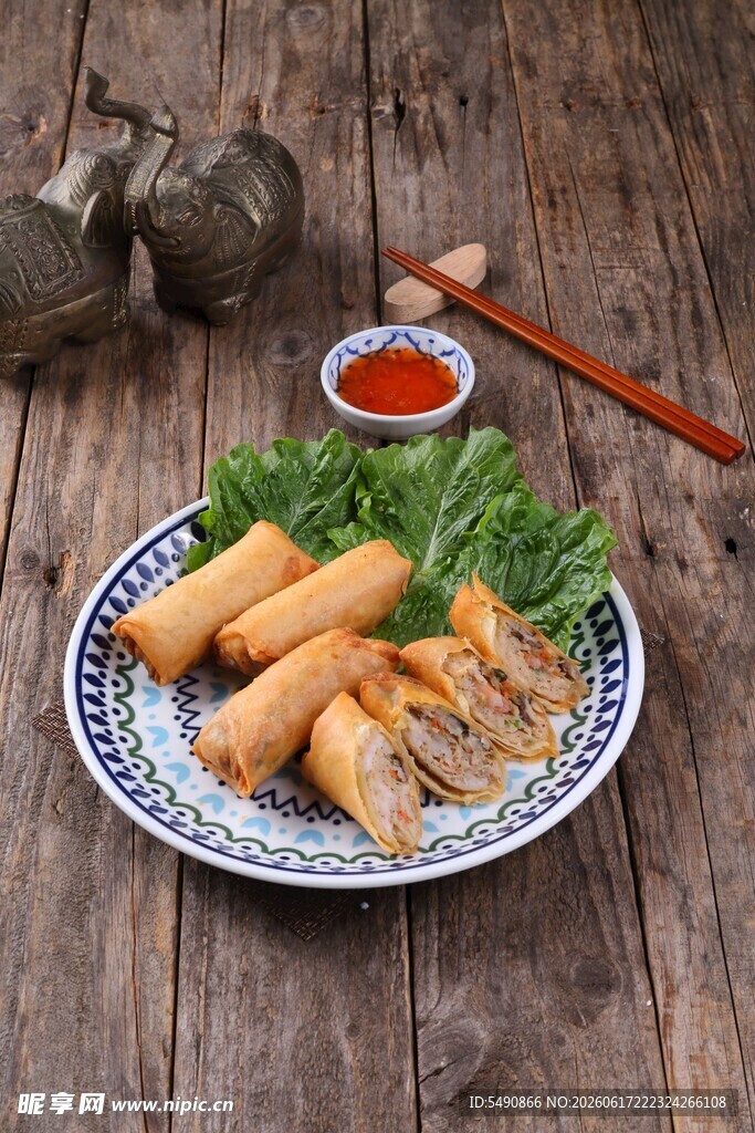 美味春卷配蘸料与绿植