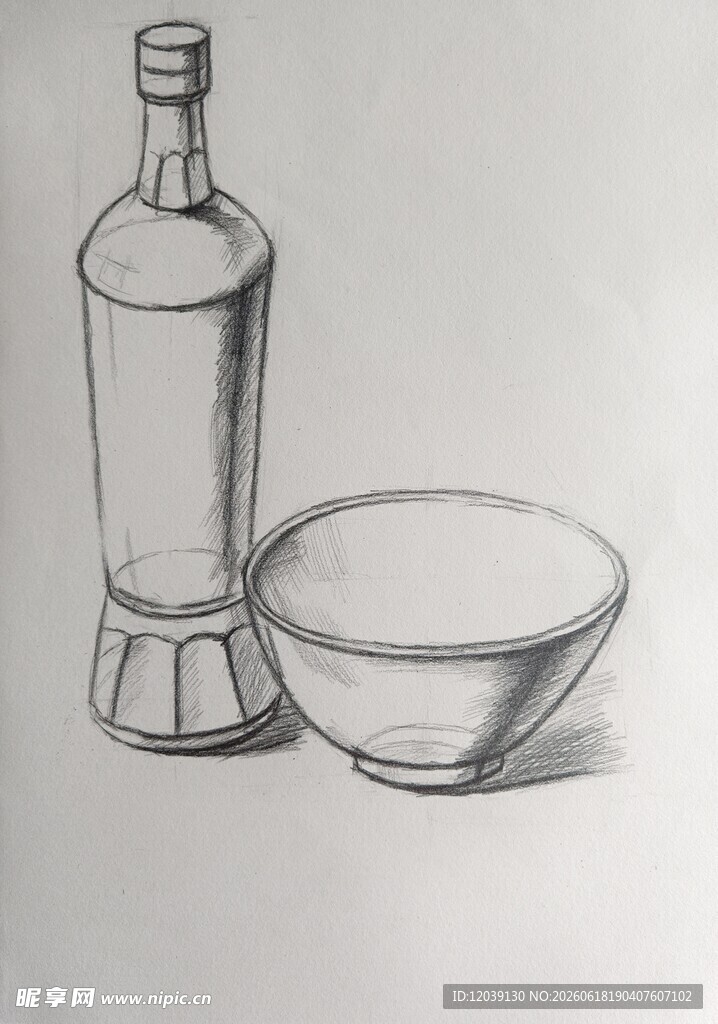 静物素描瓶与碗