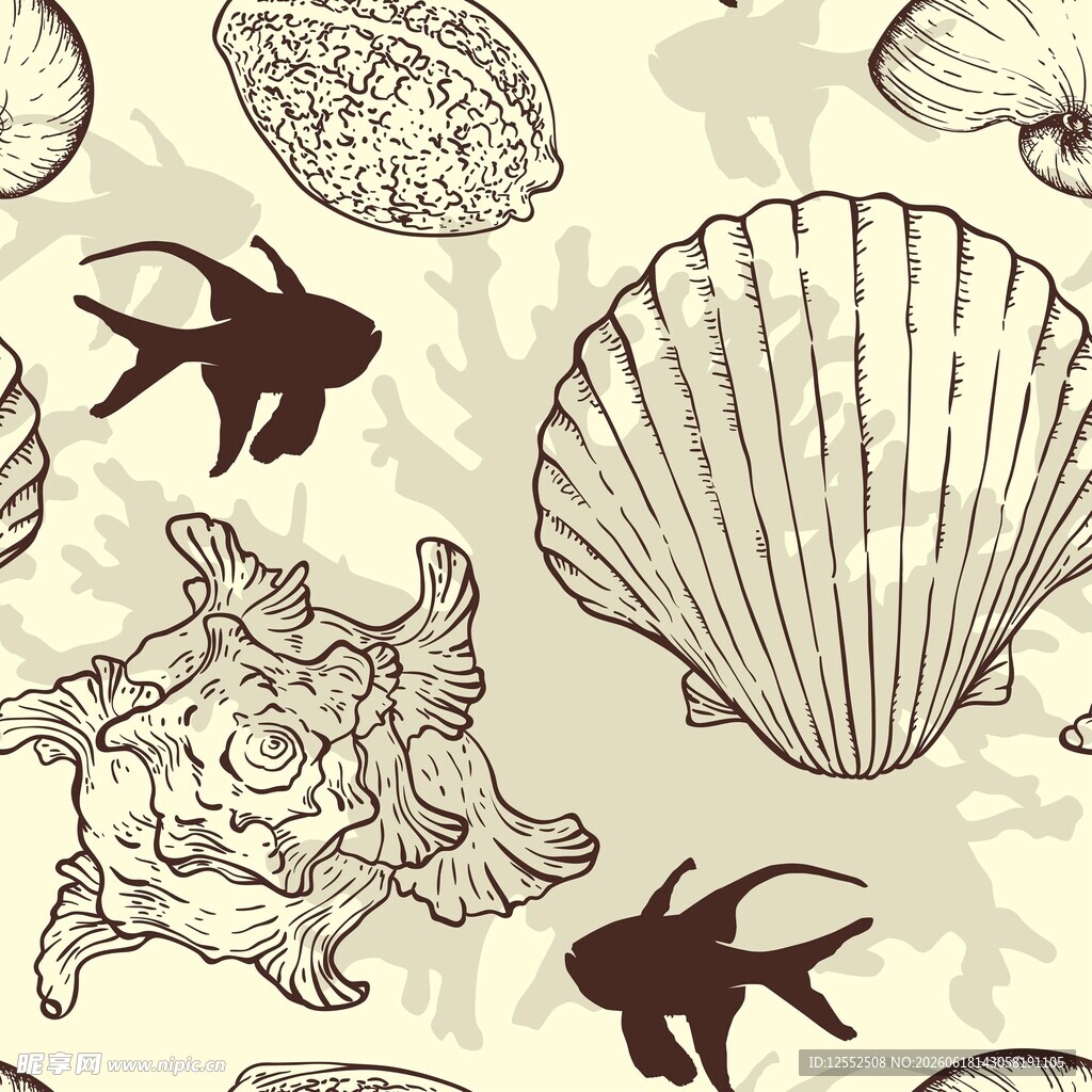 海洋生物贝壳鱼类手绘图案