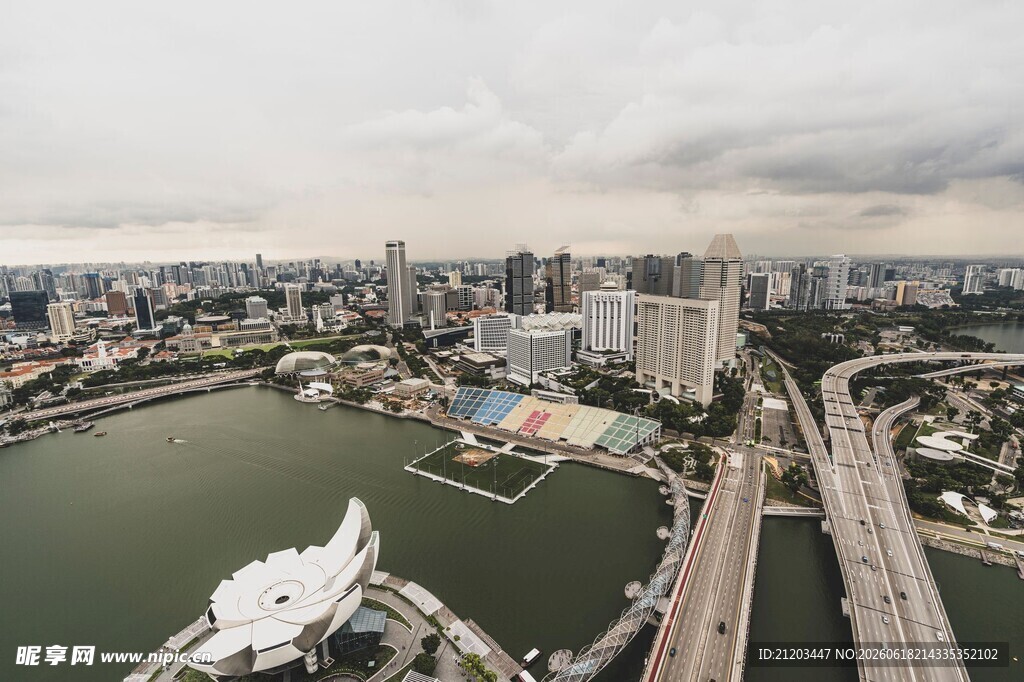 城市河畔风光俯瞰图
