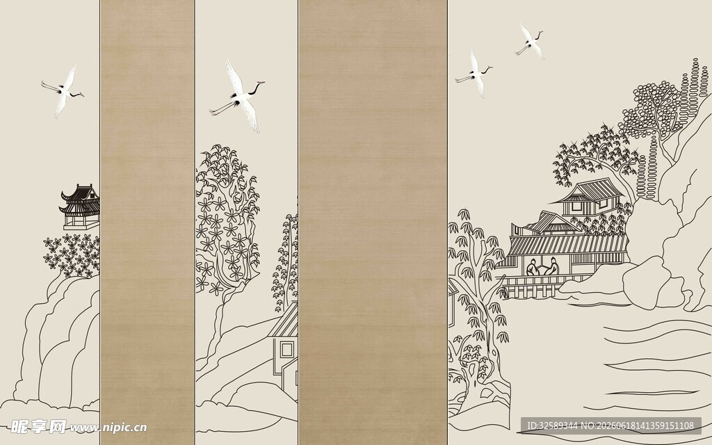 中式山水花鸟屏风画