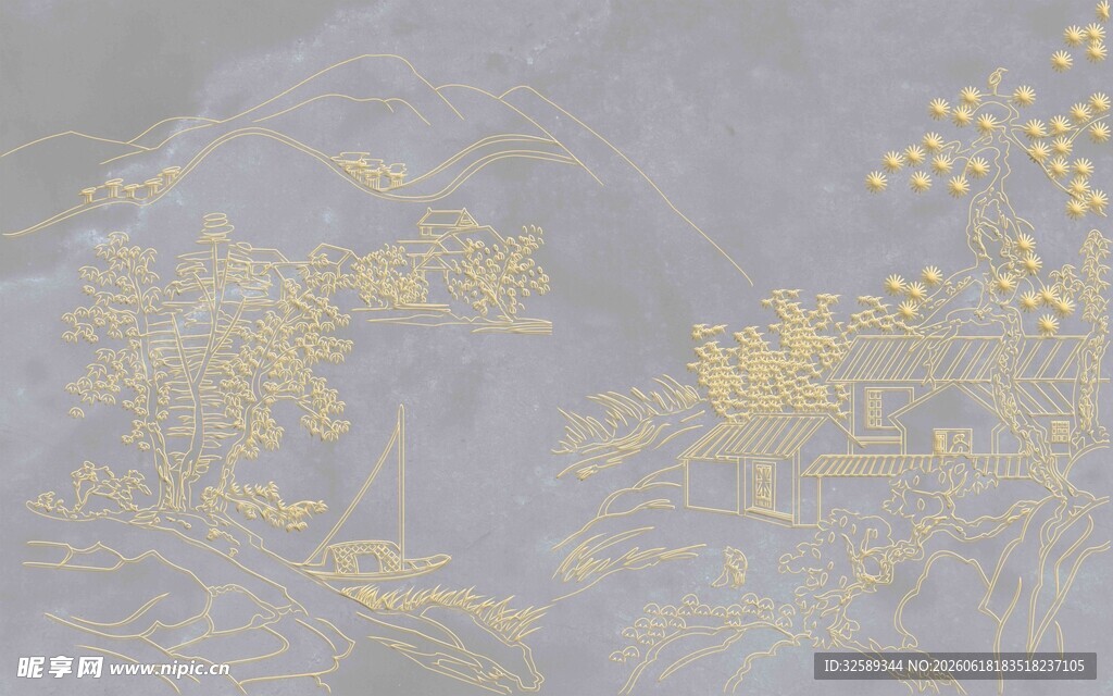 水墨金纹山水图