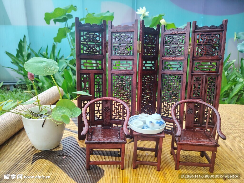 中式古典桌椅屏风组合