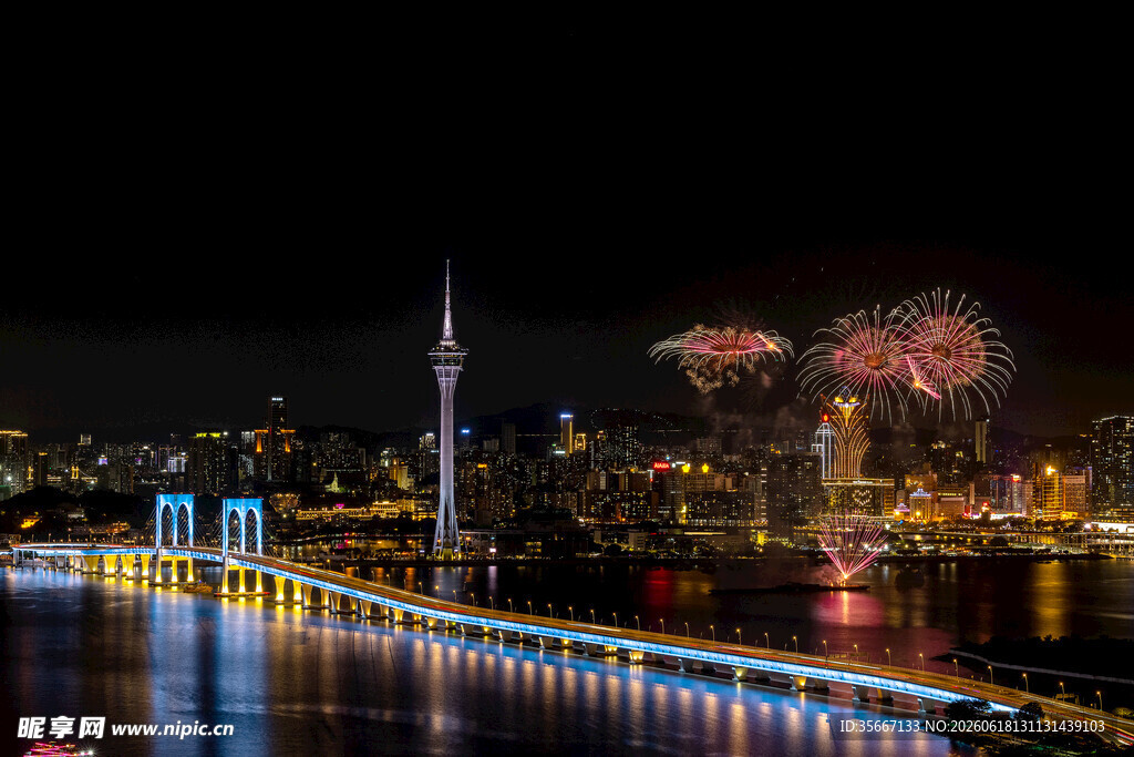 城市夜景烟花与桥梁美景
