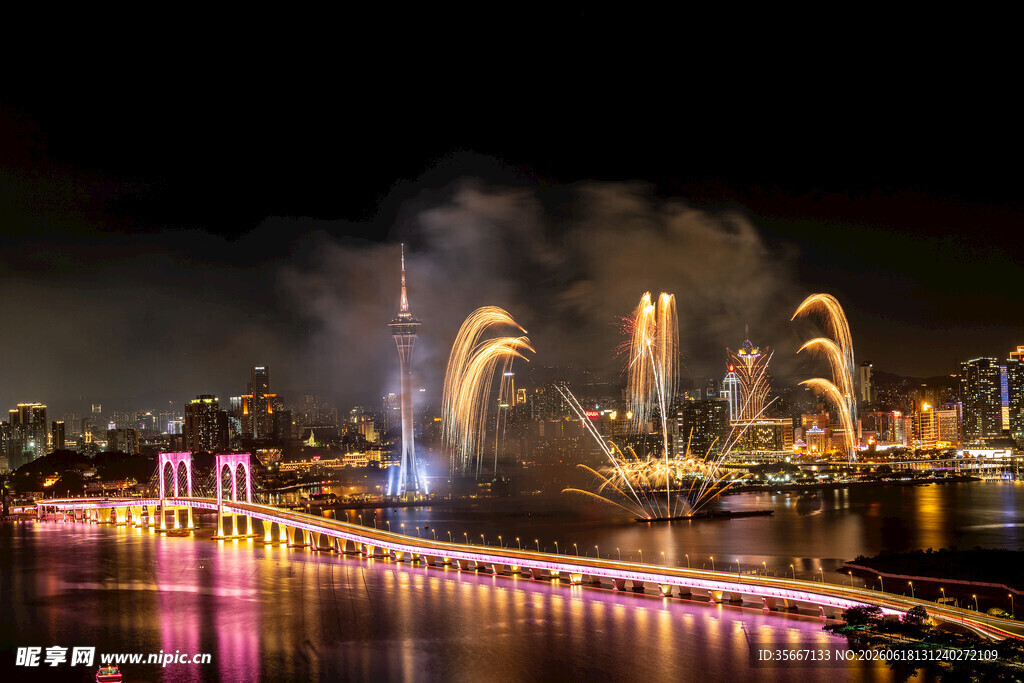 城市夜景烟花绽放