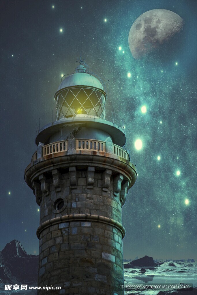 梦幻星空下的古老灯塔