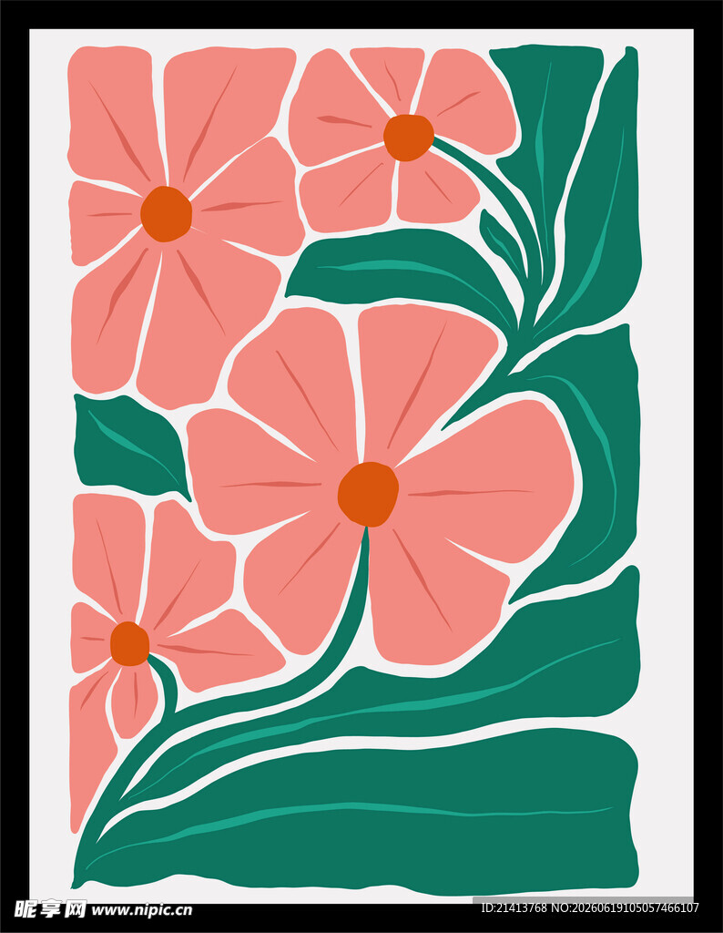 粉色花卉与绿叶插画图案