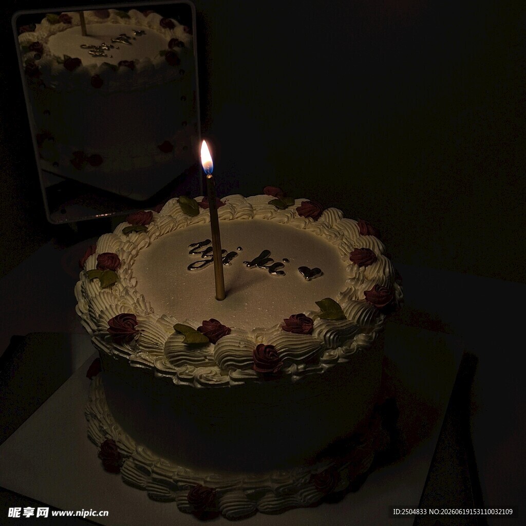 点燃蜡烛的美味生日蛋糕
