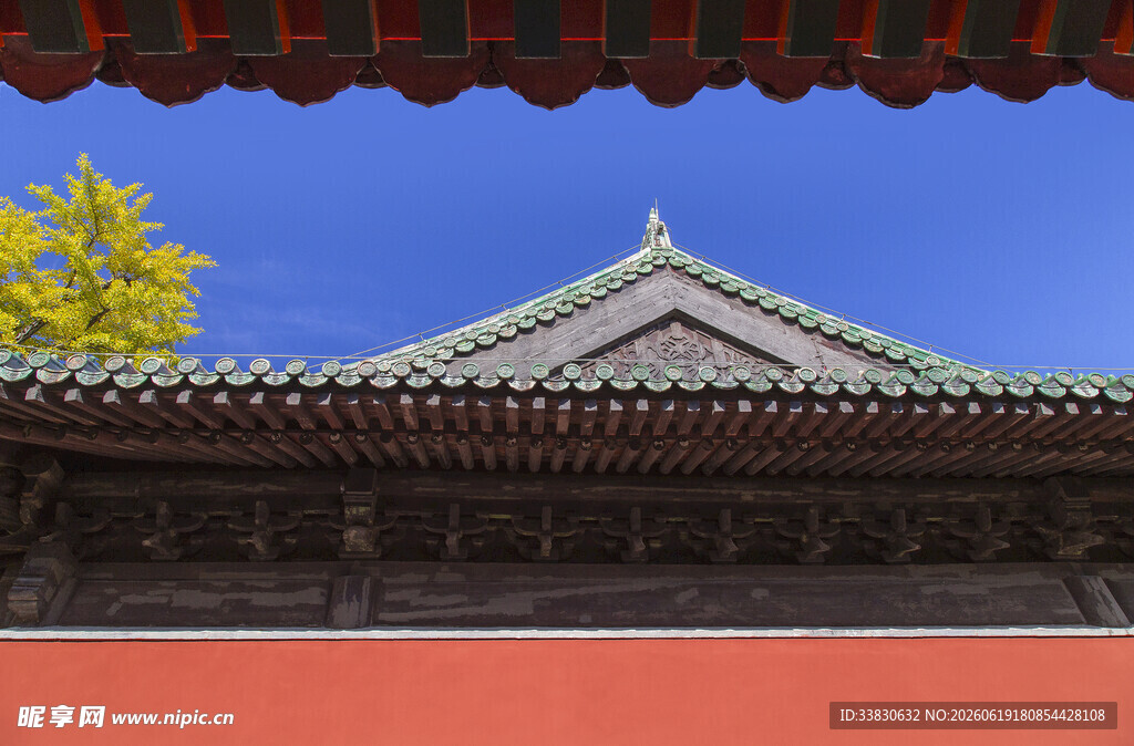 红墙古建筑的屋顶景致