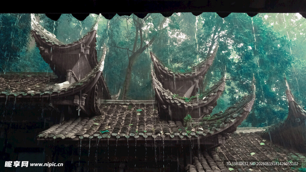 中式古建筑屋顶与水下景观