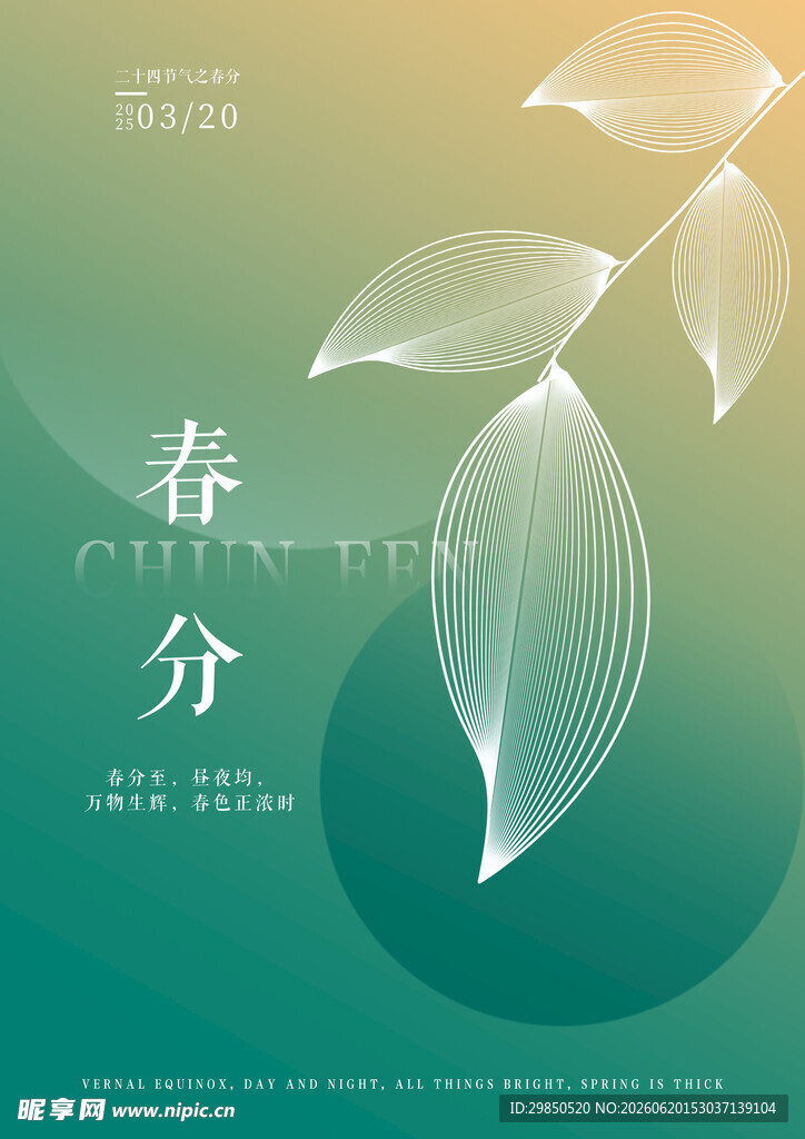 春分节气清新叶片插画海报