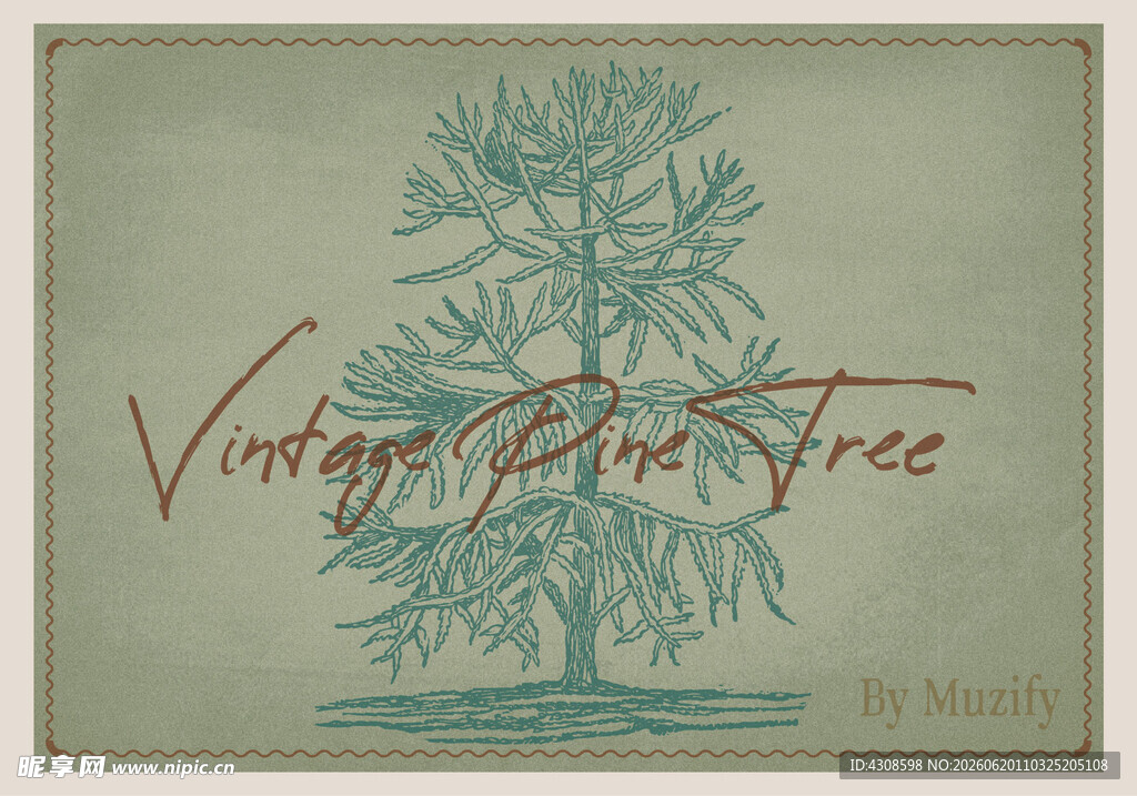 复古松树植物素描画