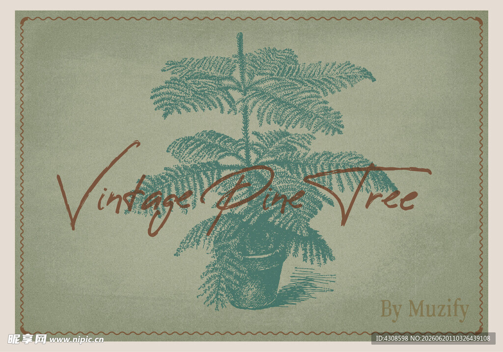 复古松树植物素描画
