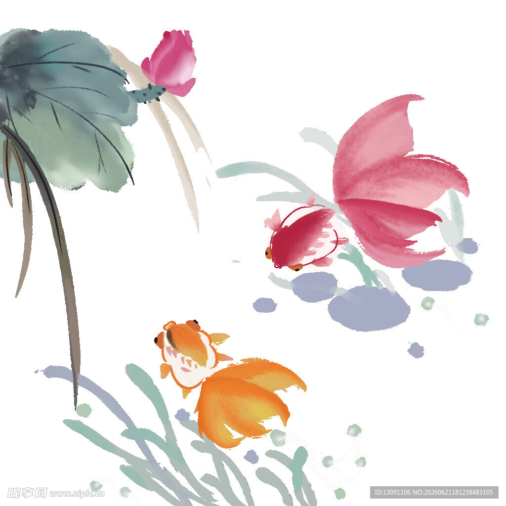 水墨风金鱼荷花图