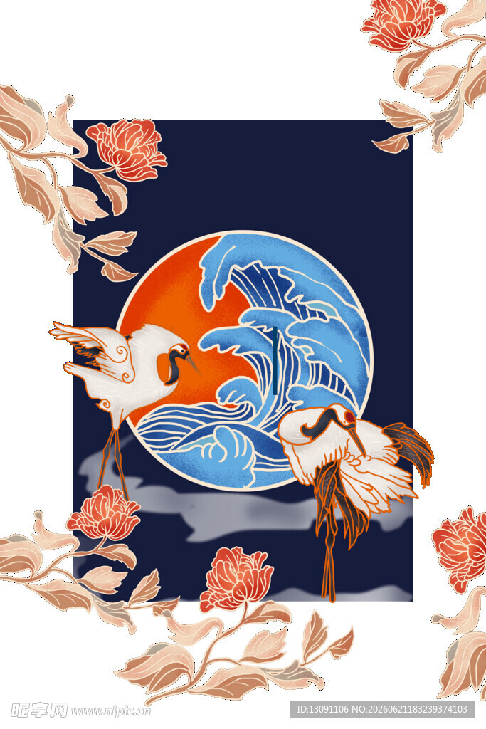 中式国风花鸟圆形图案设计