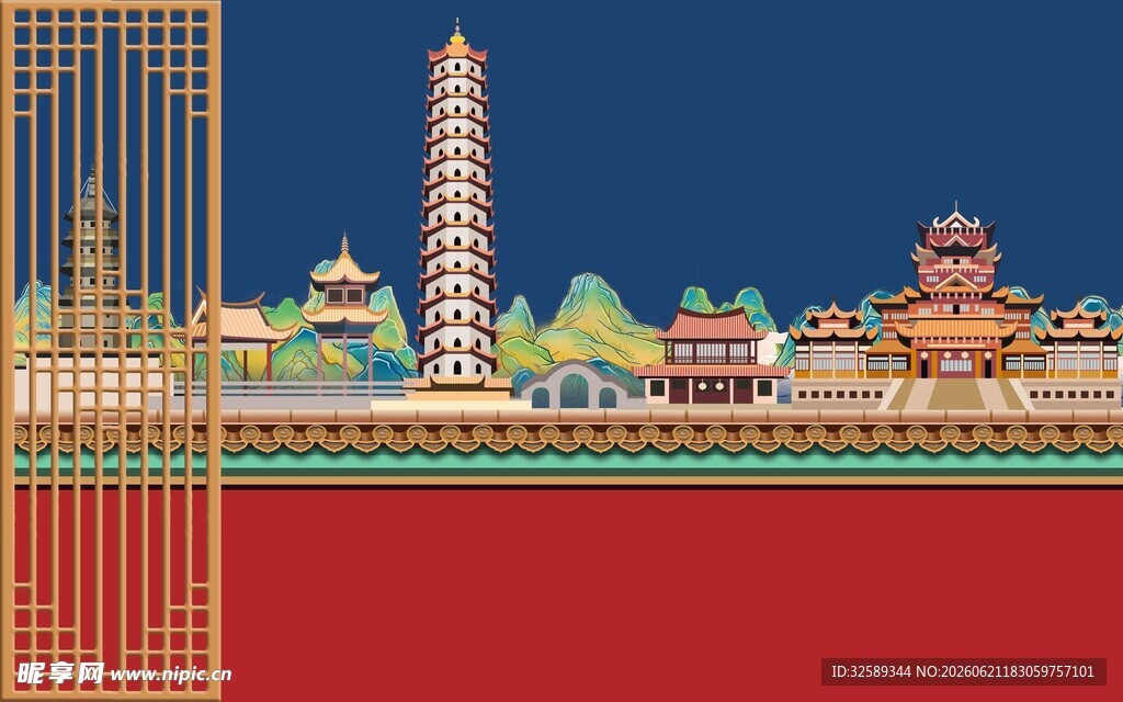 中式古建筑群夜景风光