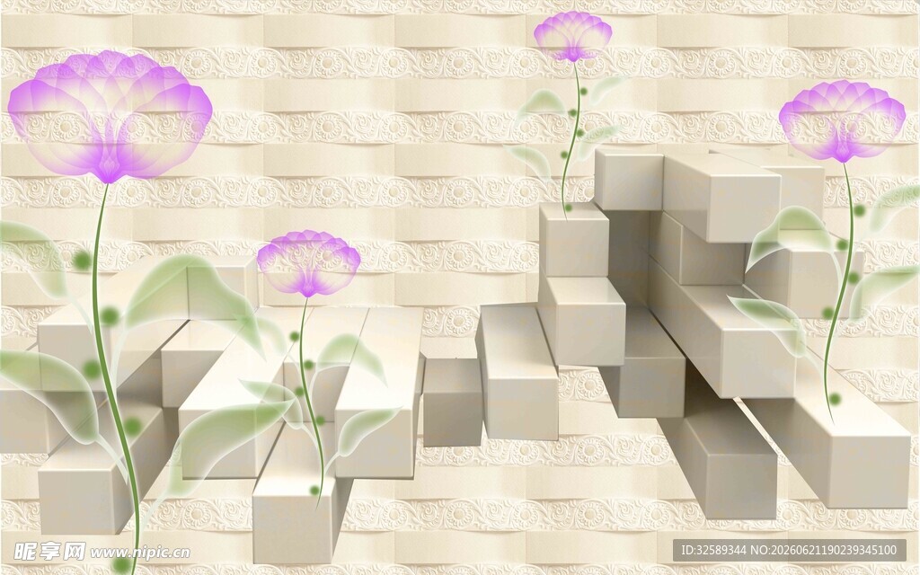 立体花朵与方块创意场景