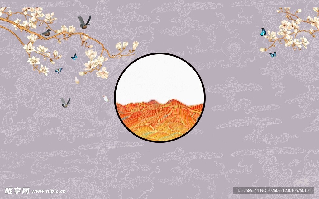 中式山水圆形艺术图案