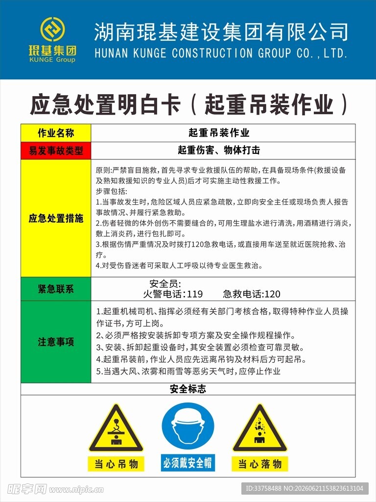 琨基应急处置明白卡 起重