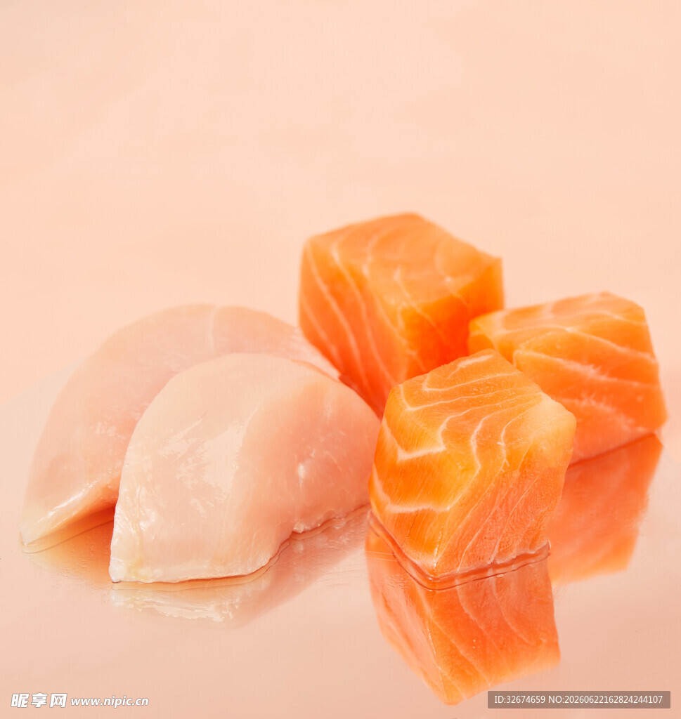 新鲜鸡肉与三文鱼块
