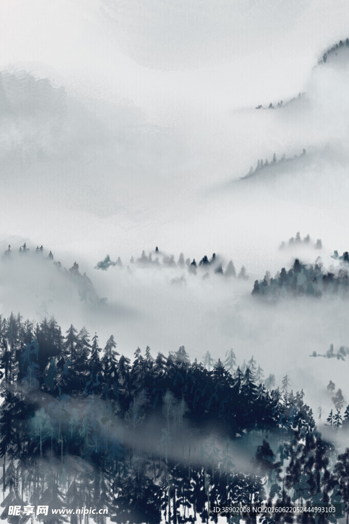 水墨山间云雾缭绕美景