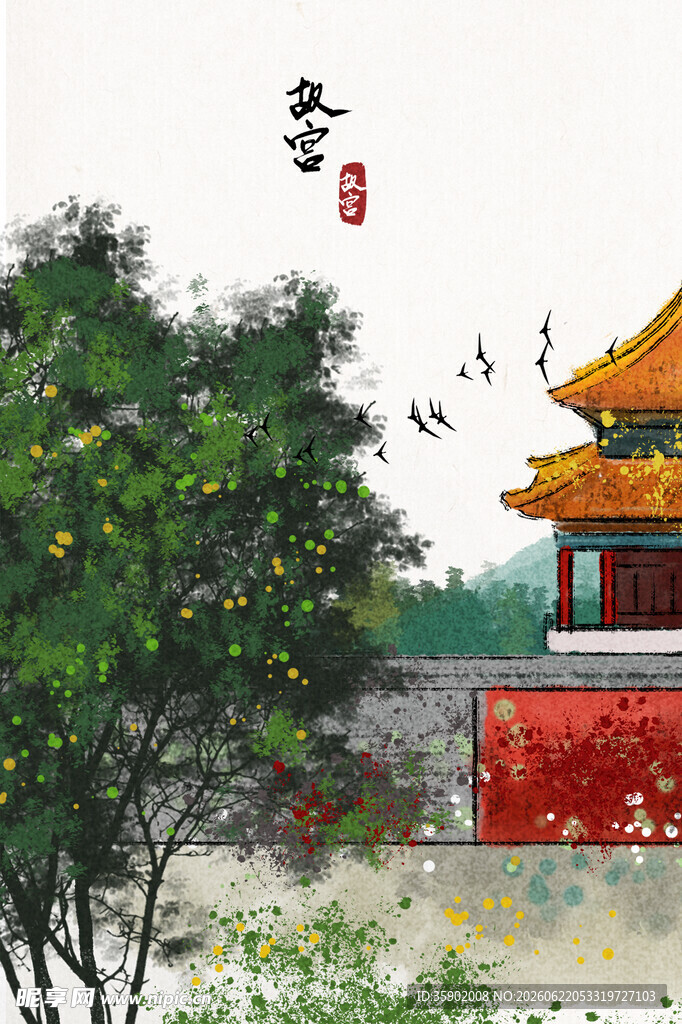 冬日古景红墙绿树飞鸟