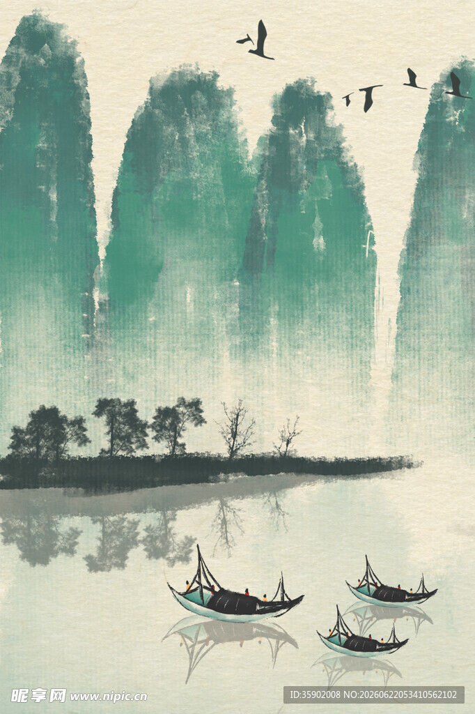 水墨山水间的悠然小舟景