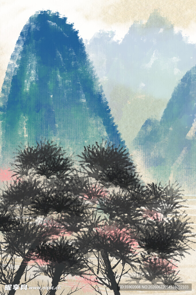 水墨山水间的繁花树木
