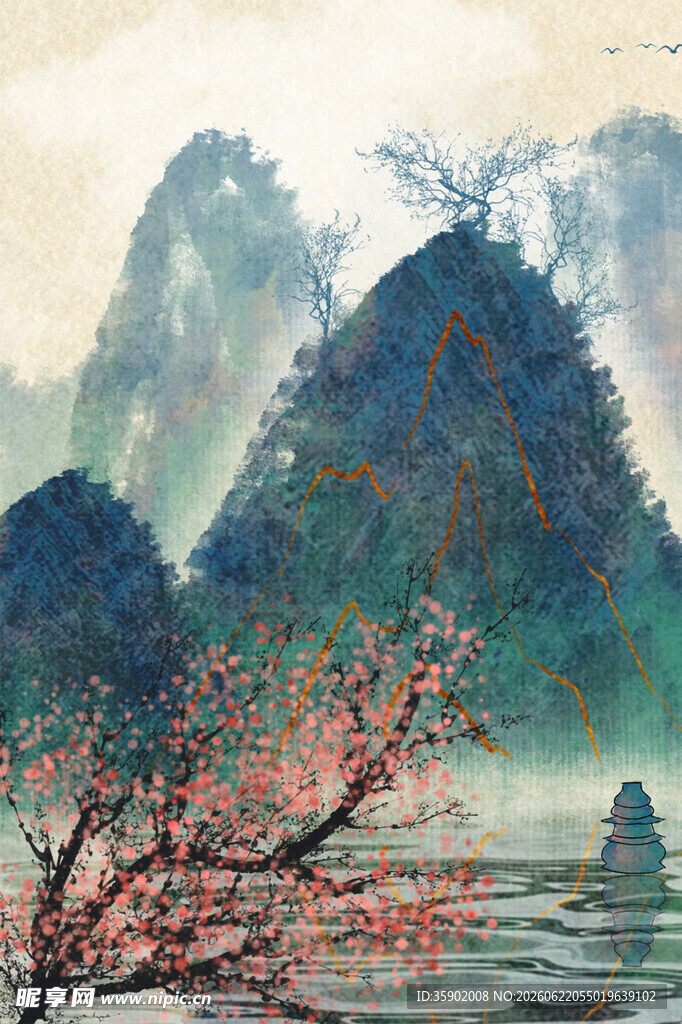水墨山水间的烂漫花枝