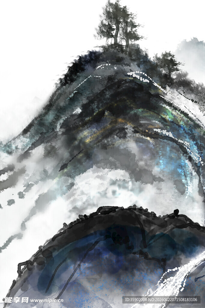水墨山水间的孤树奇景