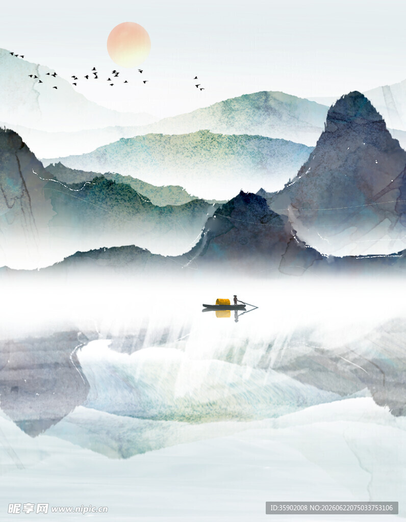 水墨山水间孤舟泛江景