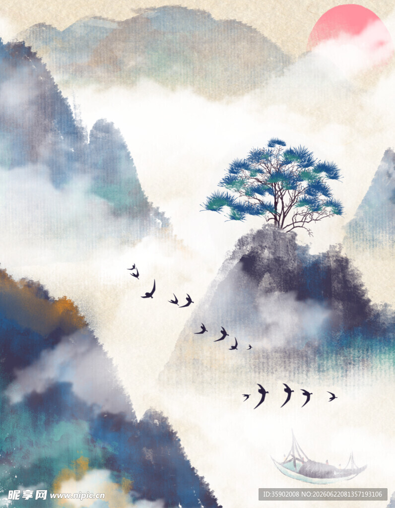 水墨山水间飞鸟伴树景