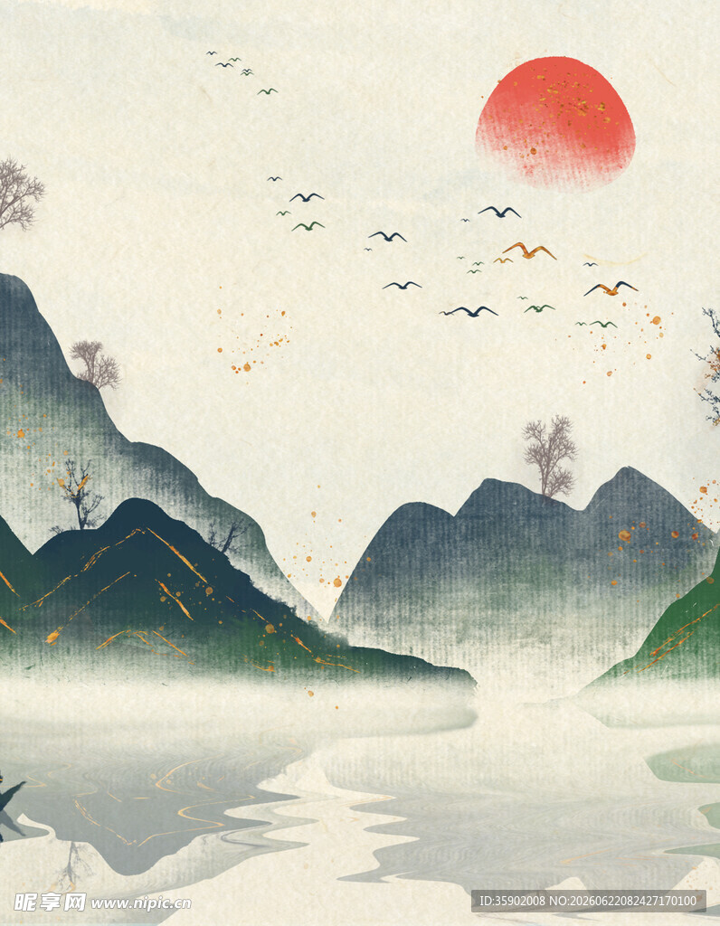 水墨山水间的红日飞鸟景