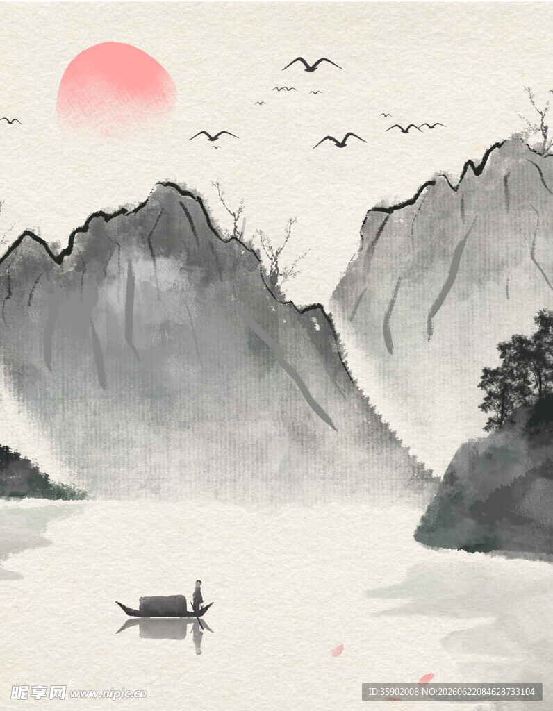 江上孤舟伴落日山水景