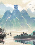 水墨山水间的古韵楼阁