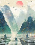 水墨山水间的日出美景