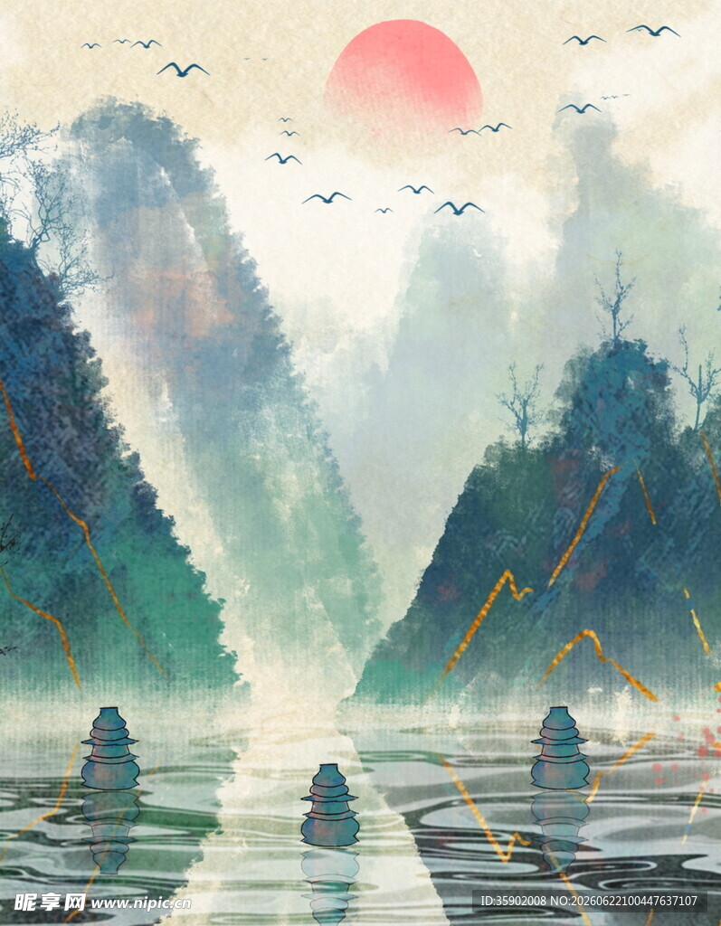 水墨山水间的日出美景