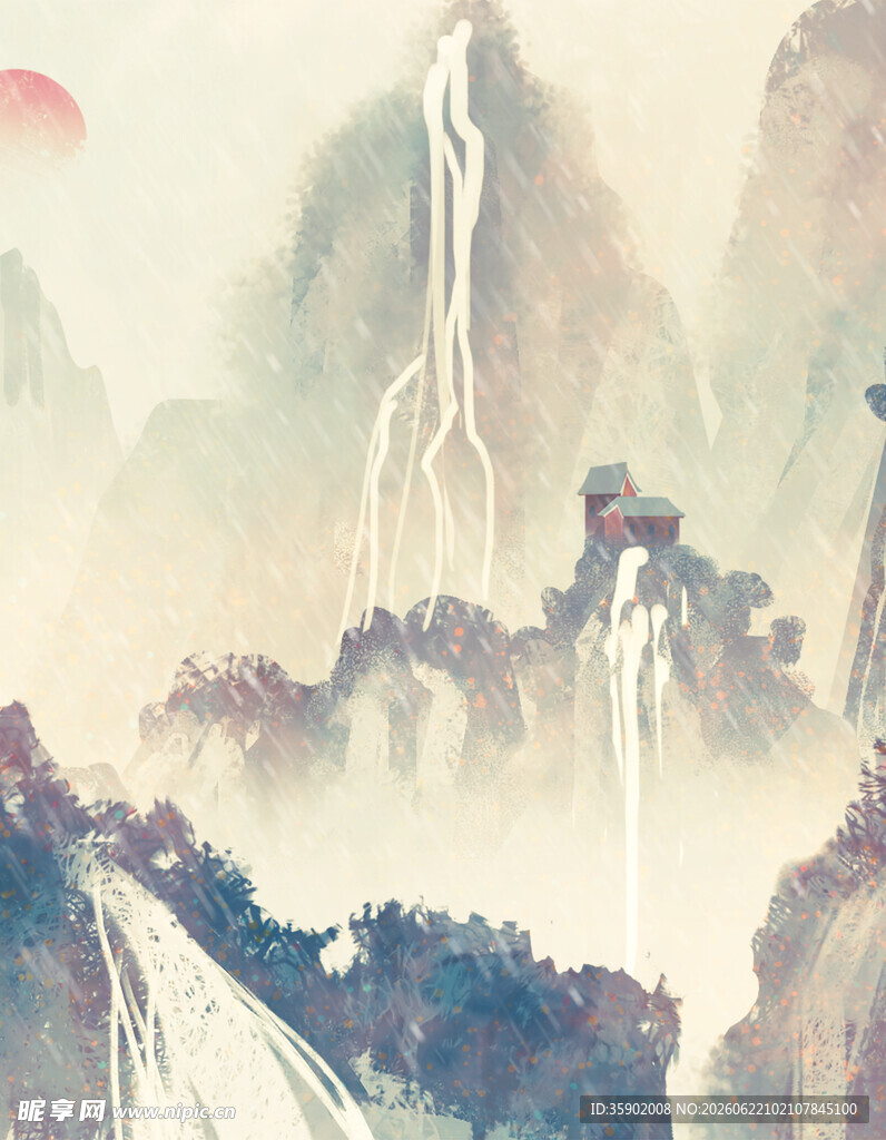水墨山水间壮观瀑布景象