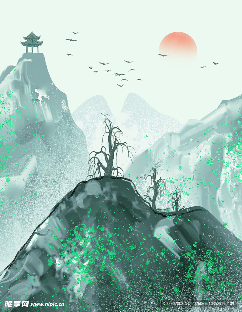 山巅落日下的清幽山水景