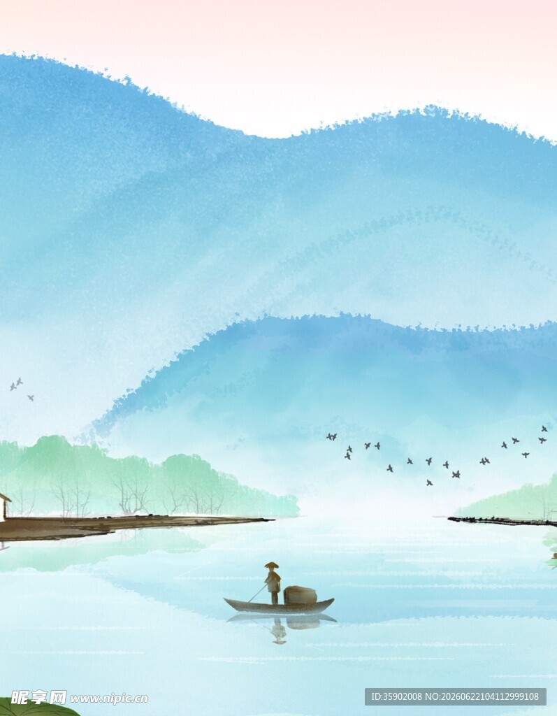 江上孤舟远山飞鸟之景
