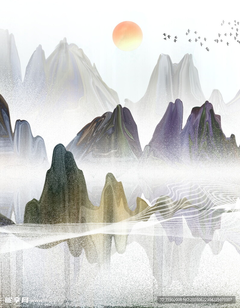 水墨山水间的日出美景