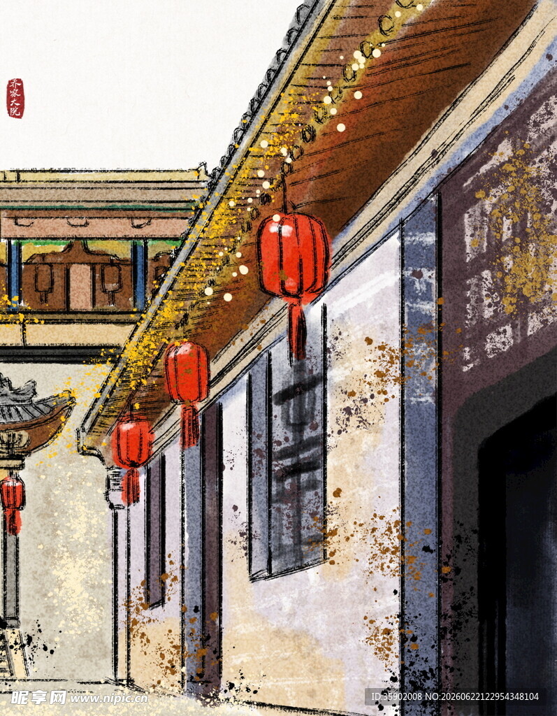 古巷中式建筑挂红灯笼