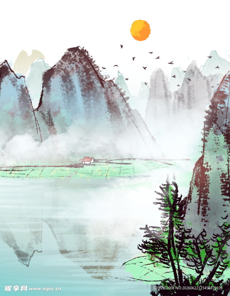 水墨山水间的日出美景