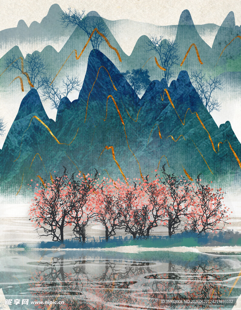 水墨山水间的烂漫桃林