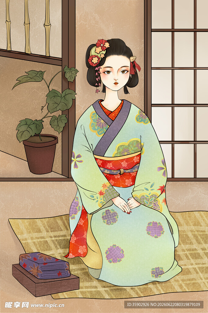 和服女子端坐于榻榻米上