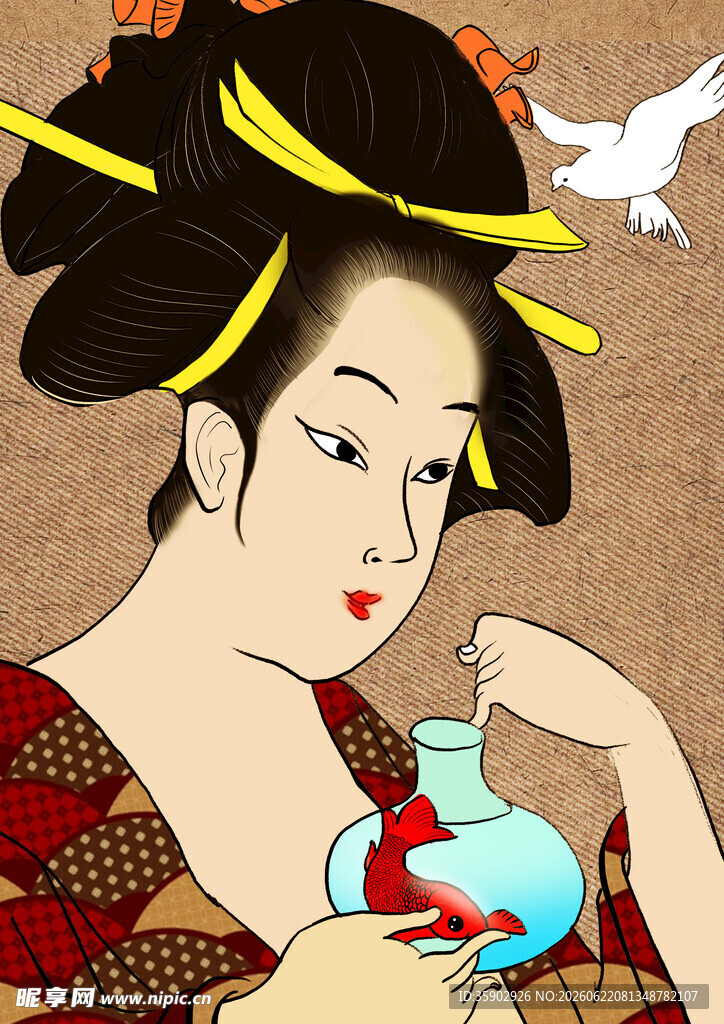 日本艺伎手持金鱼瓶赏鱼