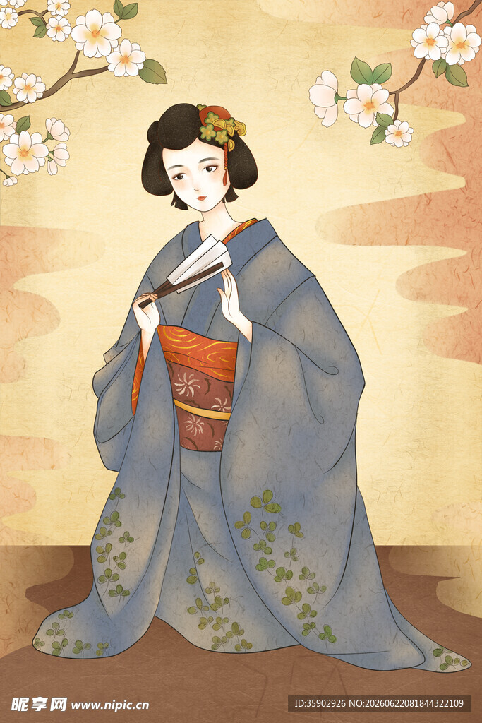 和服女子手持书卷赏樱花