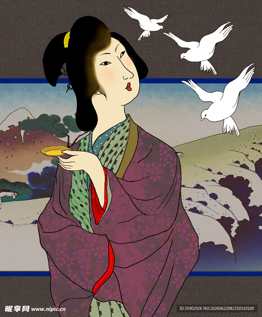 古典美人与飞鸟的雅致画面