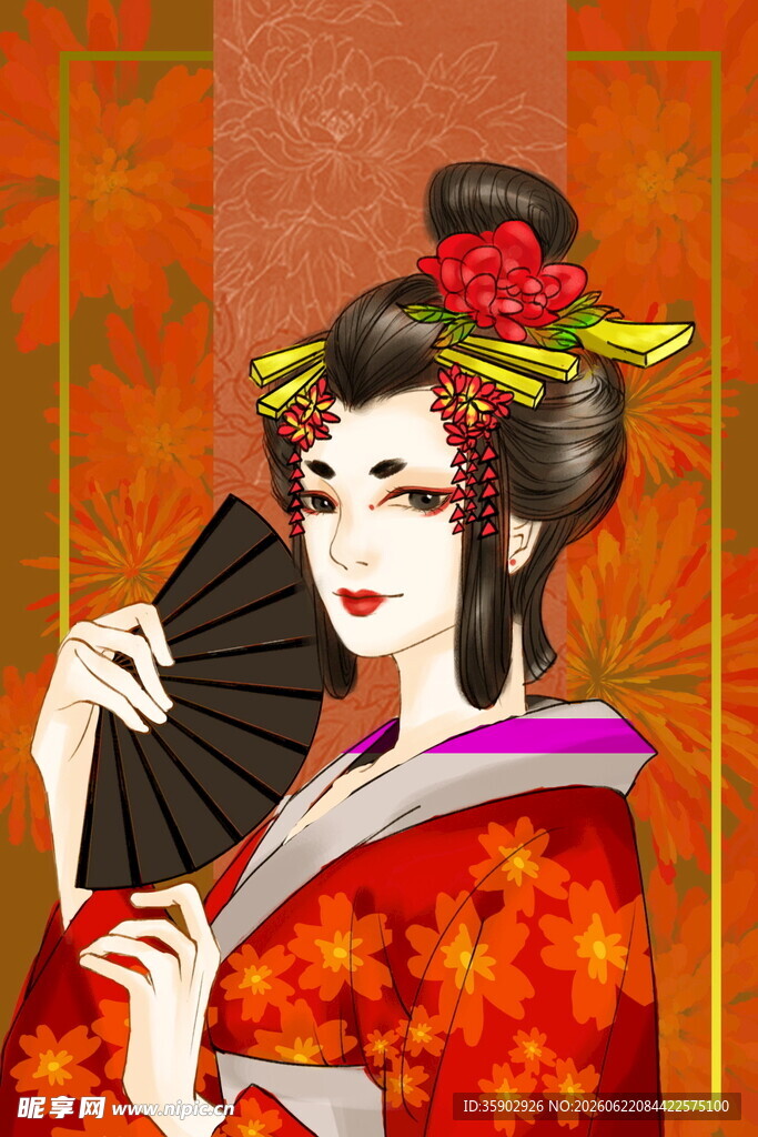 手持折扇的传统日本艺伎