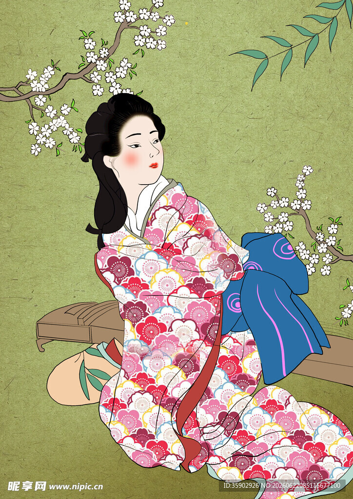 古风女子倚坐繁花旁